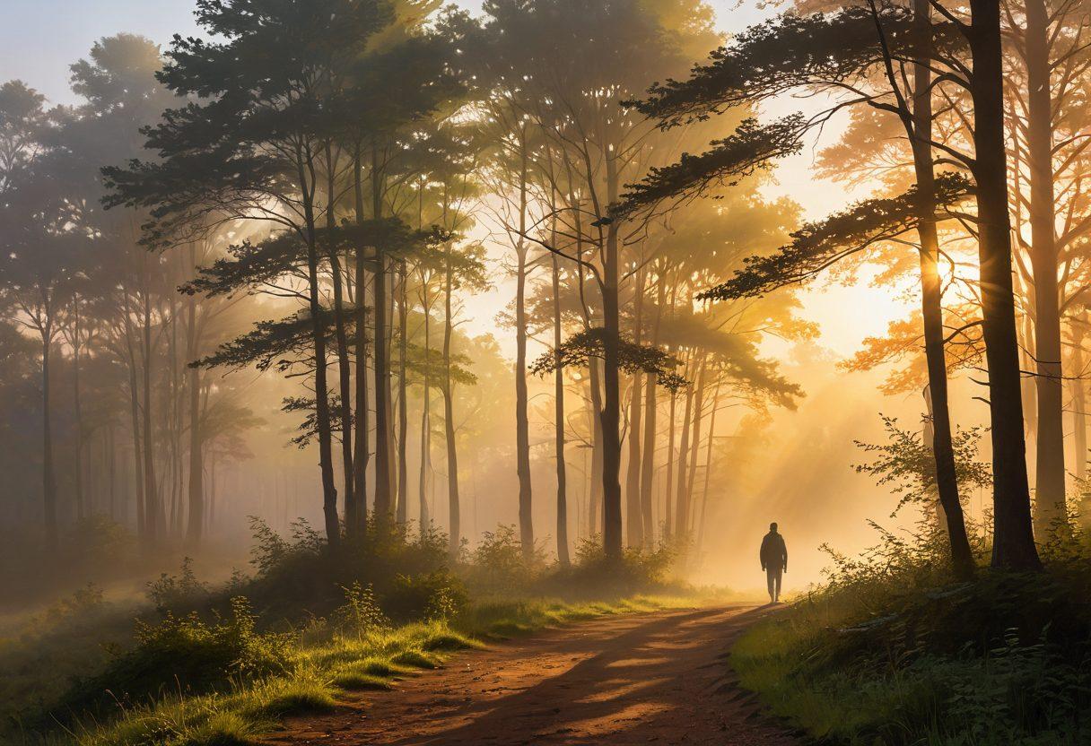 A serene landscape with a solitary figure standing at the edge of a misty forest, gazing towards a vibrant sunrise breaking through the clouds, symbolizing hope. Subtle shadows linger around the trees, illustrating the theme of heartbreak, while delicate rays of light illuminate the path ahead. Include soft, warm colors to evoke a sense of optimism. painting. warm tones.