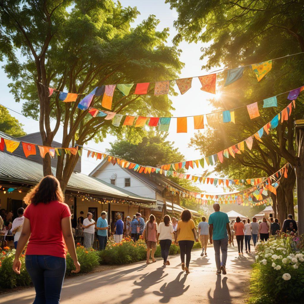 A vibrant community scene showing diverse individuals coming together in a celebration of resilience, with colorful banners and decorations symbolizing hope. In the foreground, people of different ages and backgrounds are sharing stories and laughter, surrounded by lush greenery and blooming flowers, representing growth and recovery. Soft rays of sunlight break through the clouds, highlighting a sense of optimism and unity. super-realistic. bright colors. uplifting atmosphere.