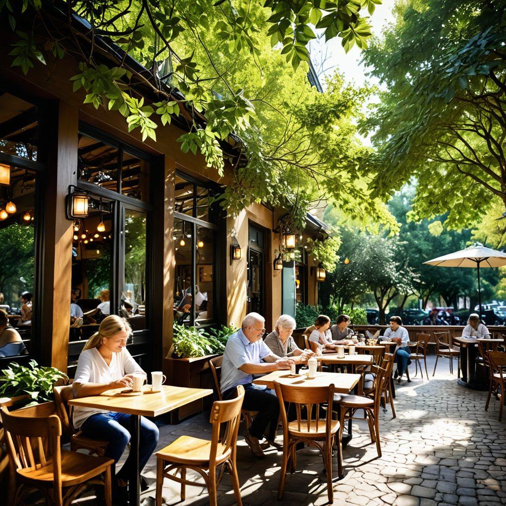 A warm and inviting scene showcasing a group of diverse individuals sharing heartfelt moments together, with soft sunlight filtering through trees, symbolizing hope and resilience. Include elements like a cozy café setting and fluttering leaves to represent change and growth. The background should feature hints of nature, emphasizing tranquility and connection. super-realistic. vibrant colors. soft-focus.